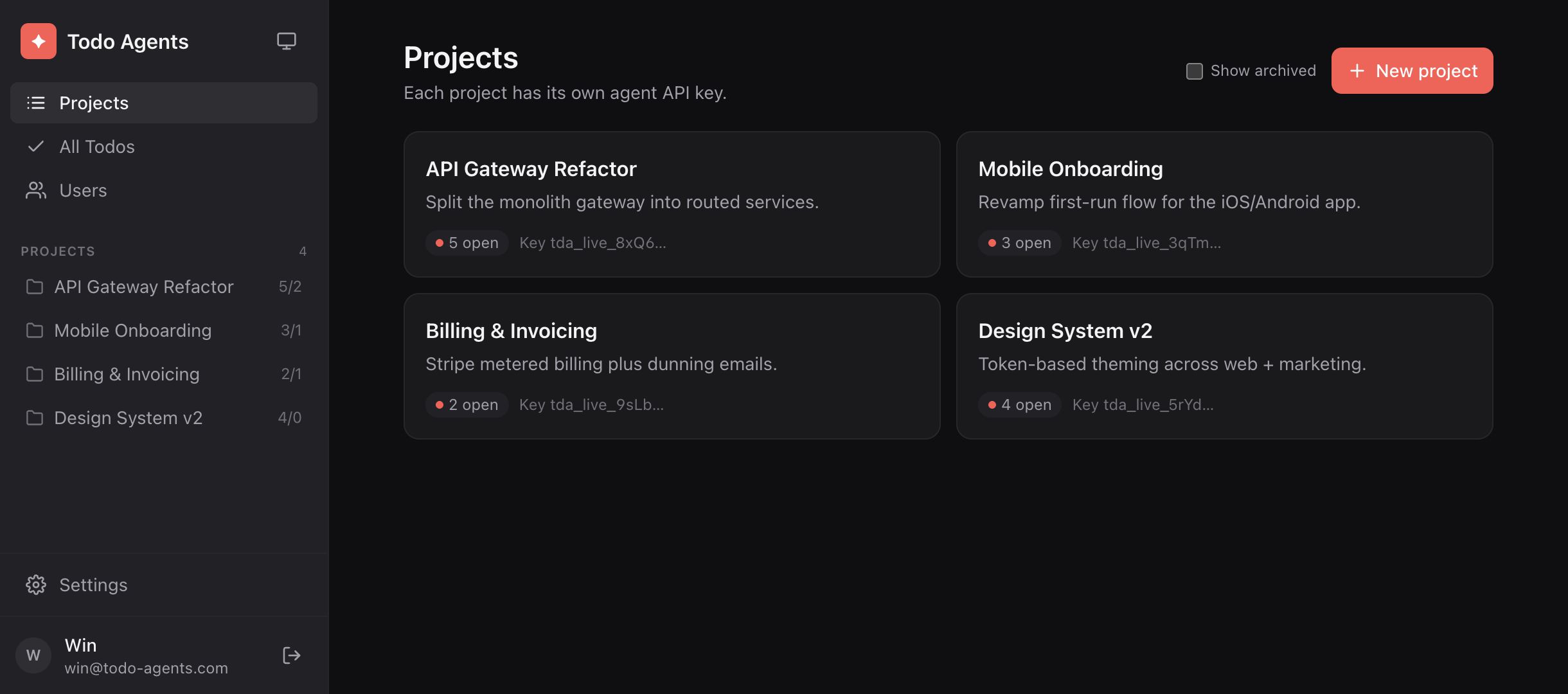 Todo Agents projects dashboard showing four projects with open task counts and per-project agent API keys