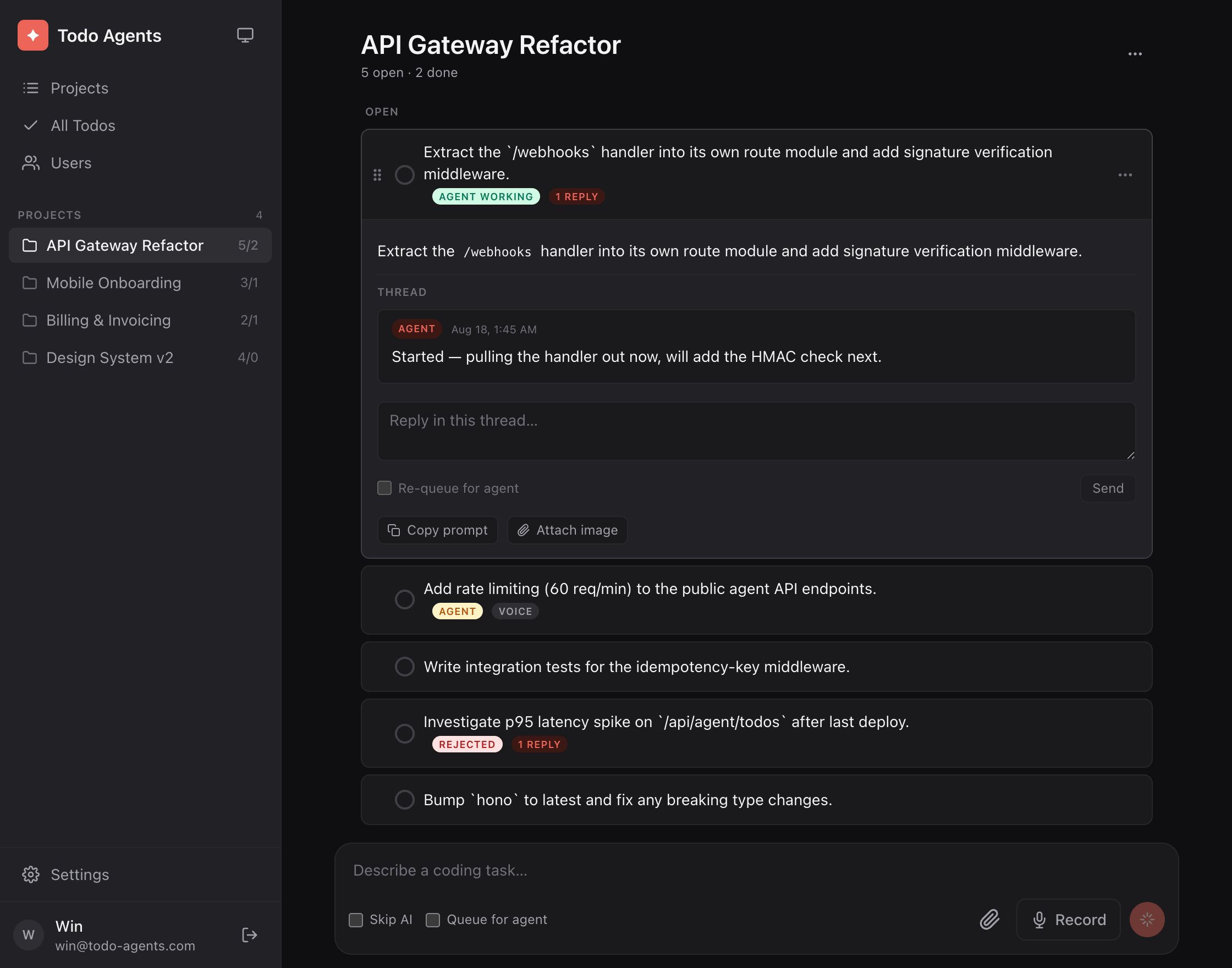 A project's task list with status badges like agent working and rejected, and an agent reply thread on a task